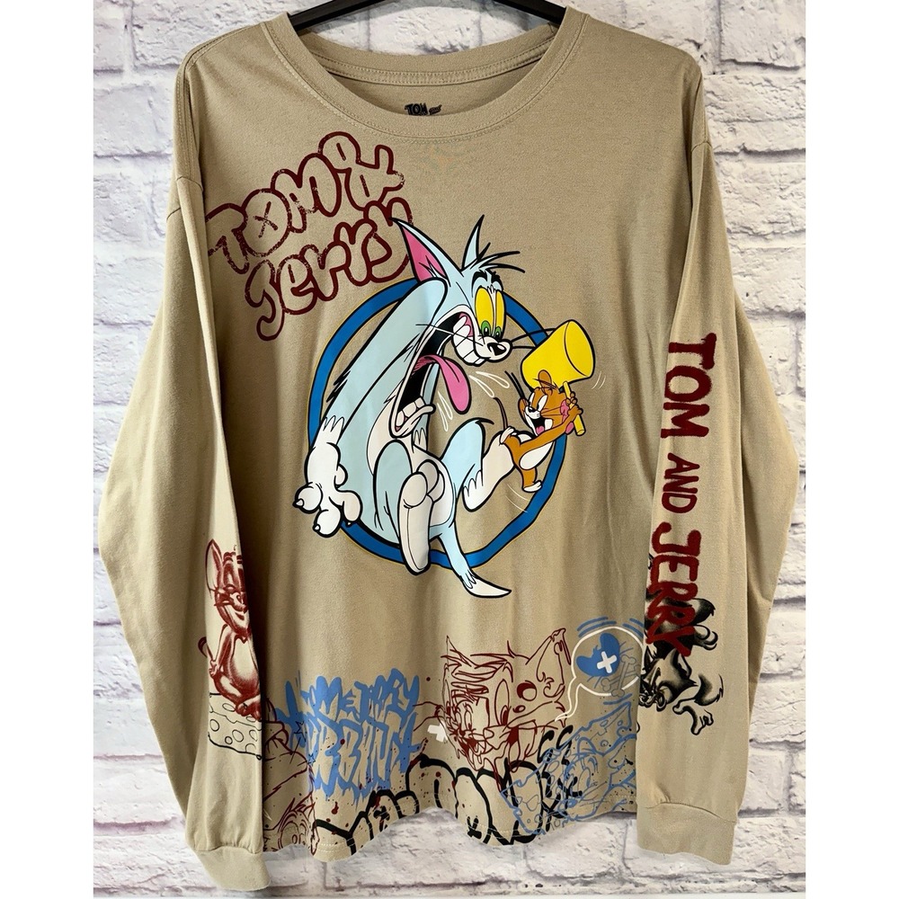 *MINT* Tom & Jerry Long Sleeve T-Shirt All Over Graphic Grafitti Beige Unisex XL